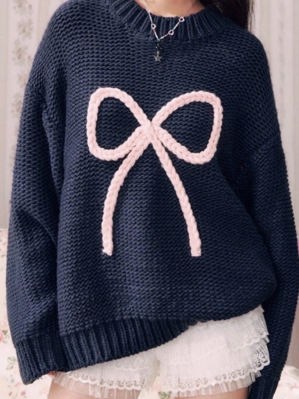 NWT - Cider Pink on Navy Bow Knot Sweater.